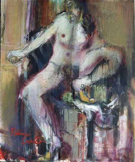 Lola Montès _  Fabienne Comte, Technique mixte sur toile, 2005, 107 x 107 cm​